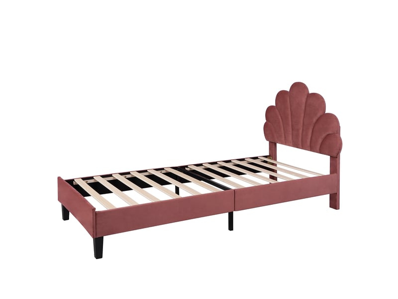  Lit enfant 90x200 cm en velours rouge haricot, tête de lit fleur, sommier à lattes, lit d’appoint  - Conforama D
