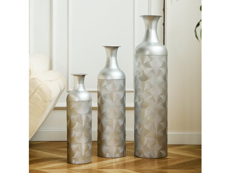  Lot de 3 vases de sol 50, 66 et 83 cm argentés en métal, motif ondulé pour plantes et fleurs séchées  - Conforama B