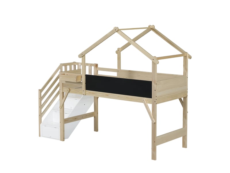  Lit mezzanine 90x200 cm, lit simple enfant, barrière sécurité, maison, tableau noir, escalier rangement, blanc et naturel, sans matelas  - Conforama E