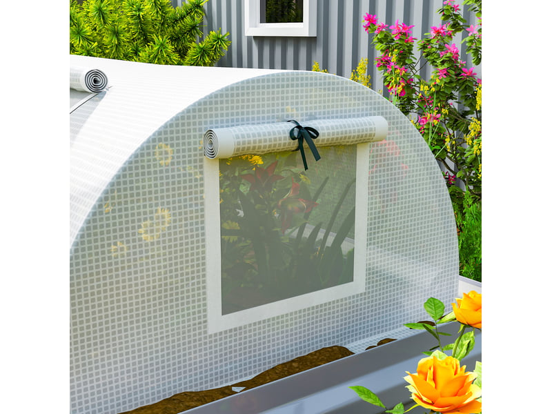  Serre tunnel de jardin 200 x 80 x 45 cm – blanche – 4 fenêtres en maille enroulables, protection uv  - Conforama D