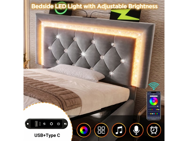 Lit capitonné en velours gris avec coffre, led, usb et matelas inclus, 90x200 cm - Conforama D