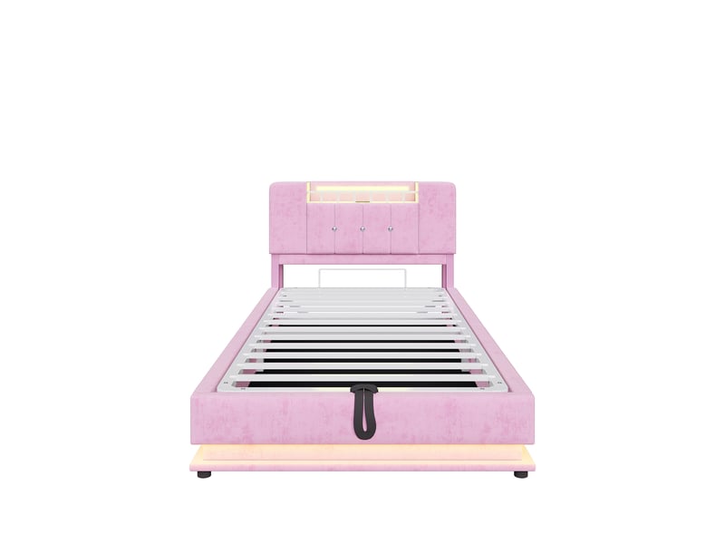  Lit enfant connecté velours rose 90x200 cm avec led, usb et rangement hydraulique  - Conforama A
