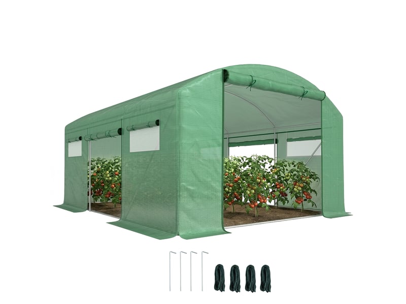  Serre tunnel de 4 x 3 x 2 m avec 6 fenêtres, 3 portes sectionnelles, couverture en polyéthylène et structure en acier galvanisé vert  - Conforama A
