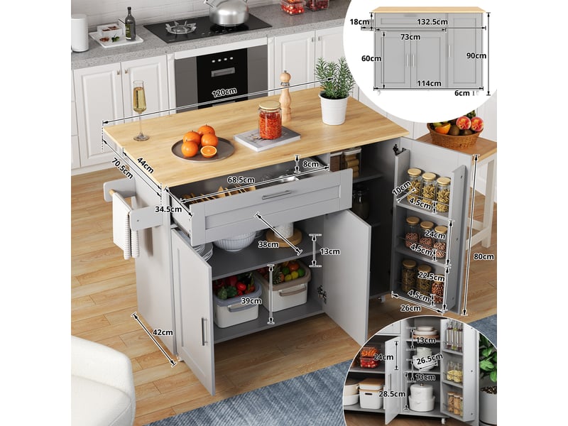  Îlot de cuisine sur roulettes 132,5 cm plan de travail pliable aspect chêne  - Conforama C