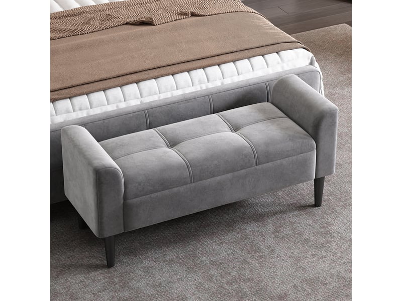  Banc d'appoint rembourré, velours gris, dossier à motif piqué, accoudoirs, idéal chambre, entrée ou salon  - Conforama C