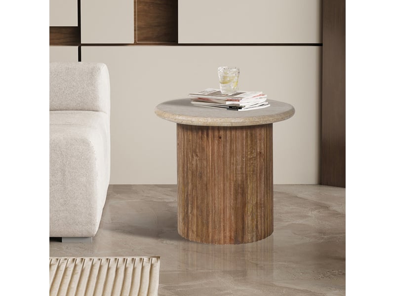  Table d'appoint en travertin et bois de manguier 50 cm  - Conforama B