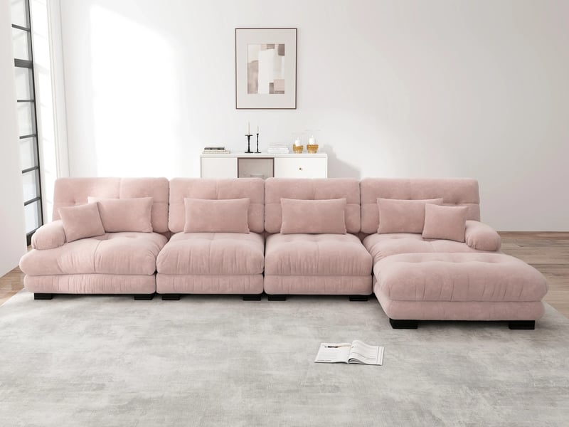  Canapé d'angle  en forme de l,4 places,avec pouf amovible ,406x145x 81 cm, rose  - Conforama B
