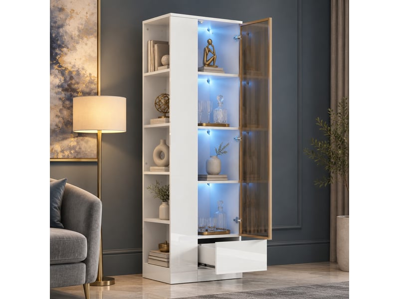  Vitrine led réglable avec tiroir - lpospi - porte vitrée, verre, panneaux de particules blanc, 50 × 35 × 160 cm  - Conforama B