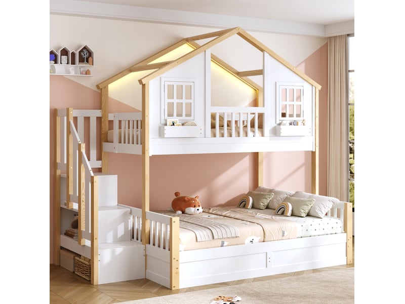  Lit superposé enfant 90x200 et 140x200 cm avec rangement, led, blanc et bois naturel  - Conforama B