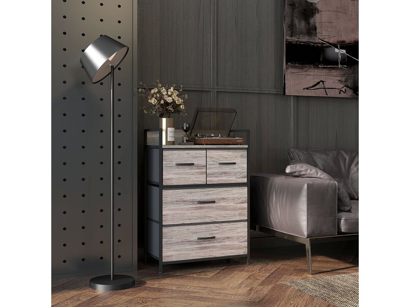  Meuble de rangement style industriel commode 4 tiroirs en tissu pliables et amovibles et 1 étagère 60 x 29 x 85 cm gris  - Conforama A