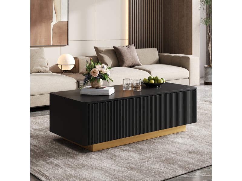  Table basse 110 x 50 x 35 cm, 2 tiroirs, façade rainurée, niches ouvertes, angles arrondis, rangement ABC - Conforama E