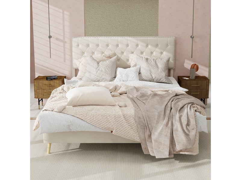 Lit adulte 140 x 200 cm, lit double, avec tête de lit moelleuse et sommier, velours beige, sans matelas - Conforama B