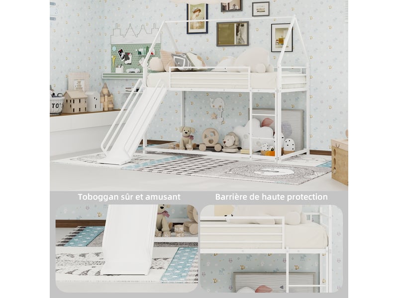 Lits superposés cabane 90x190 cm avec toboggan et escalier, barrières de protection, structure en métal, blanc OMNIGLINT TRADING LTD - Conforama D