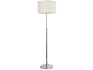Lampadaire réglable en hauteur, métal beige, abat-jour tissu, télécommande, variateur, interrupteur au pied
