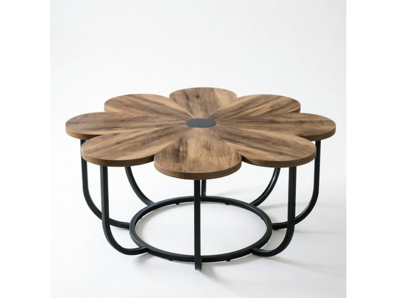  Table basse ronde 100x100x50 cm – noir et marron – plateau floral et piètement en métal courbé pour salon  - Conforama A