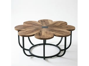 Table basse ronde 100x100x50 cm – noir et marron – plateau floral et piètement en métal courbé pour salon