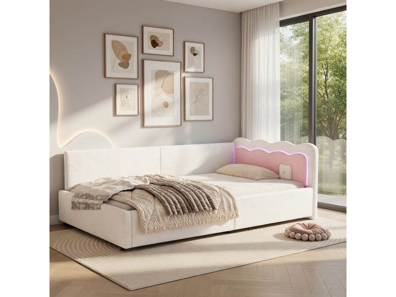 Lit d'enfant 90 × 200 cm, éclairage d'ambiance led, aspect feutre, blanc - Conforama D
