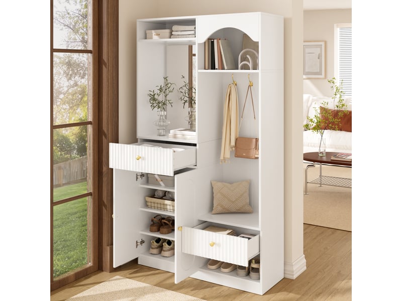  Banc de rangement avec miroir et led - lpospi - patères, rangements réglables, mdf blanc 100 × 35 × 180 cm  - Conforama C