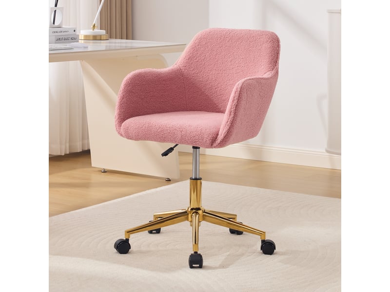  Chaise de bureau 58x63x86cm - hauteur réglable, pivotant 360° et roulettes universelles ,base dorée - peluche - rose  - Conforama D