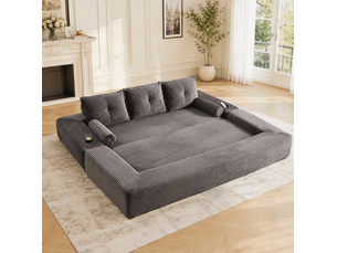 Canapé convertible 3 places avec ressorts, poches et porte-gobelet, en velours côtelé gris foncé 232 × 98 × 80 cm
