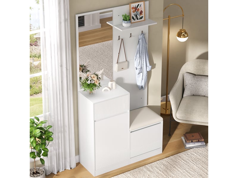  Vestiaire d'entrée led - meuble de couloir 3d avec banc, meuble à chaussures, patères, miroir et éclairage contrôlé par application  - Conforama C