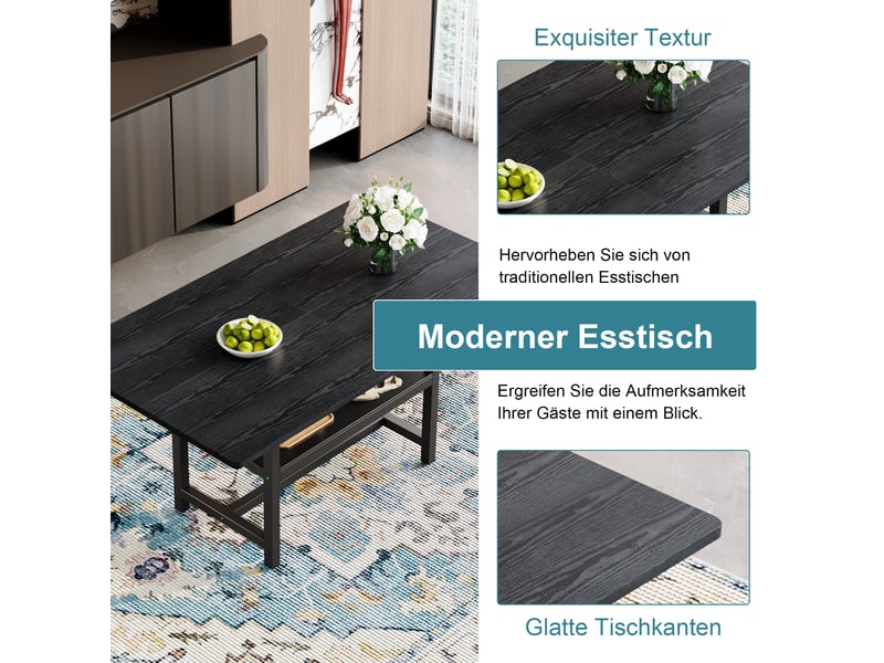  Table de salle à manger rectangulaire noire rayofi, 160x90x76 cm, 4-6 personnes, plateau mdf imitation bois noir, pieds métal avec étagère de rangement  - Conforama W
