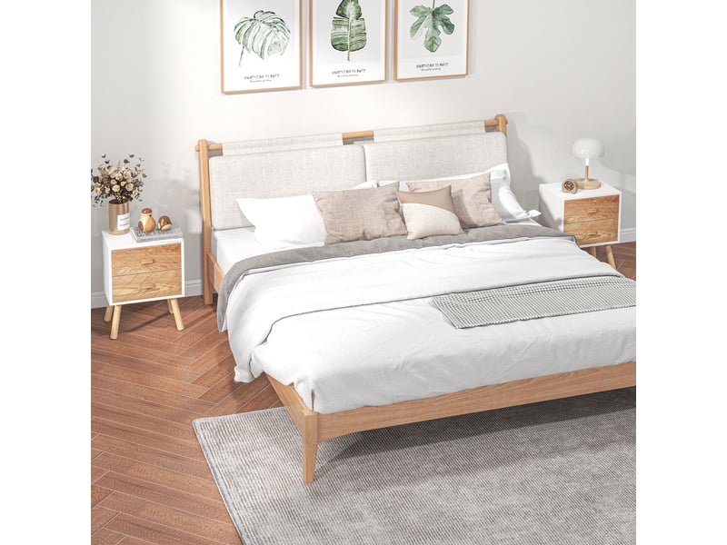  Chevet table de nuit design scandinave 40l x 30l x 56h cm tiroirs bois massif pin mdf blanc et hêtre motif graphique  - Conforama A