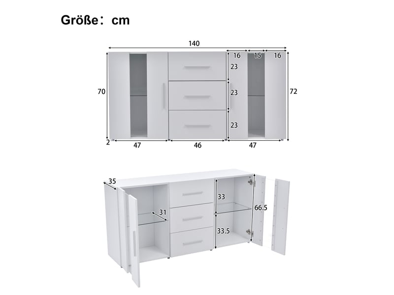  Meuble tv 140 cm 2 portes acryliques 3 tiroirs avec led blanc  - Conforama C