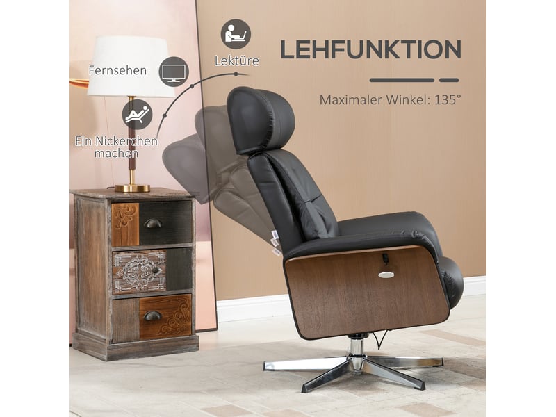 Fauteuil relax avec repose-pieds noir, dossier inclinable, assise pivotante à 360 degrés et appuie-tête réglable pour salon - Conforama B