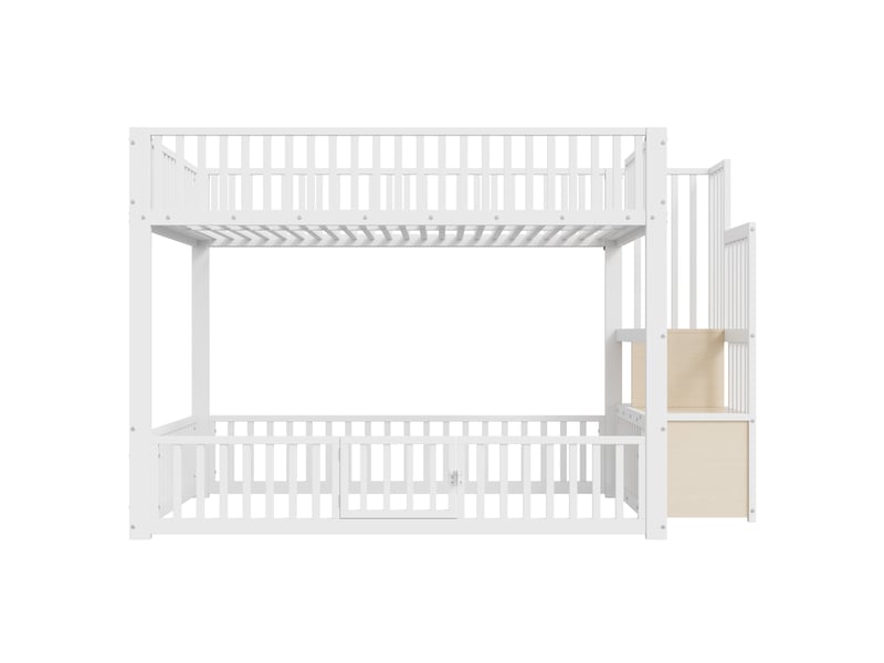  Lit superposé 140x200 cm avec sommier à lattes, lit double avec échelle de rangement, structure de lit avec éclairage led, blanc  - Conforama B
