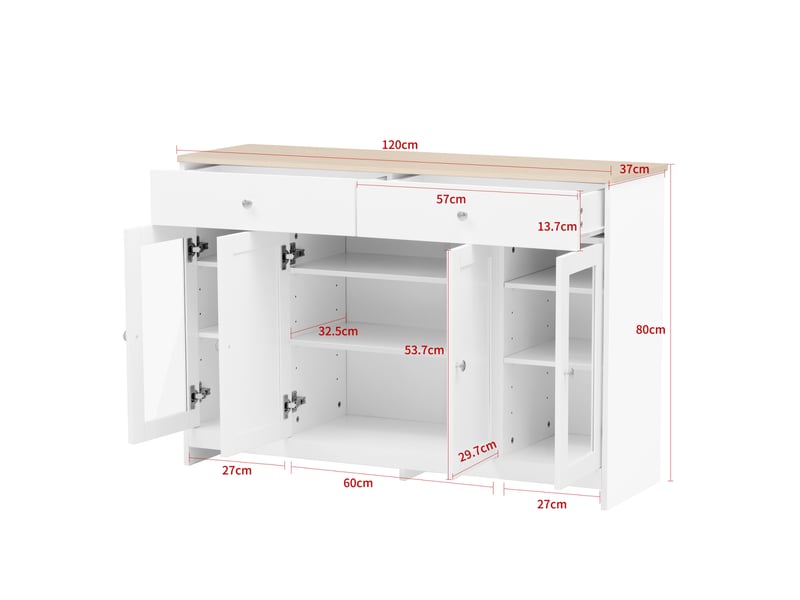  Buffet blanc effet bois- 4 portes, 2 tiroirs, portes vitrées - rangement pour salonsalle à manger  - Conforama D