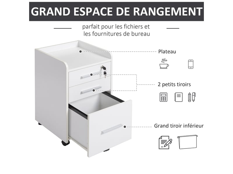  Caisson de bureau rangement bureau sur roulettes 3 tiroirs 1 verrouillable 1 trieur dossiers en bois blanc  - Conforama D