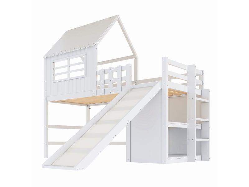  Elvmi lit enfant 90 x 200 cm en bois massif et mdf, design toit avec toboggan rallongé, échelle sécurisée, rangements intégrés et barrière de sécurité, blanc  - Conforama A
