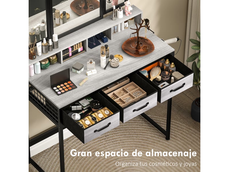 Coiffeuse avec miroir triptyque amovible, tabouret, 3 tiroirs en tissu, support pour sèche-cheveux, grise  - Conforama E