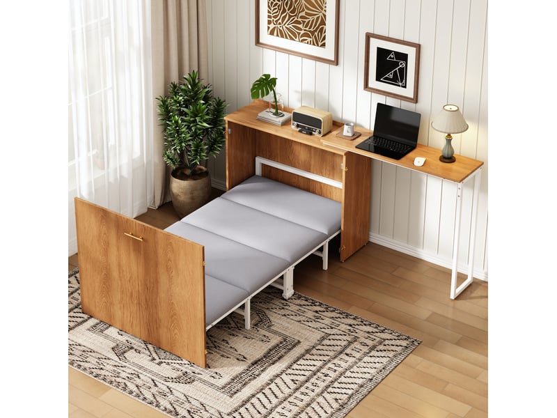 Lit escamotable 90x200 cm avec bureau pivotant et matelas, blanc et coloris bois  - Conforama B