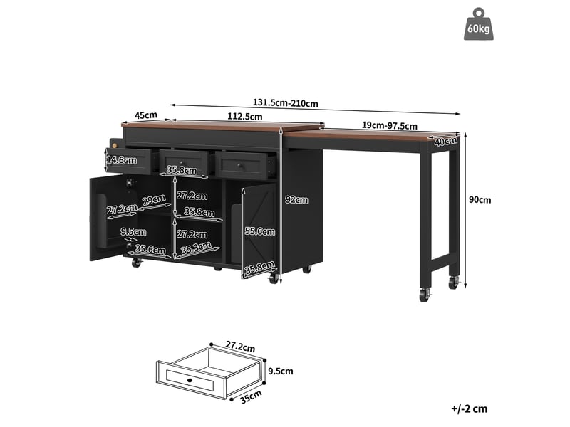  Îlot de cuisine table bar 131-210cm - pivotant 360° - tiroirs - placards - noir Bubbly Shop - Conforama C