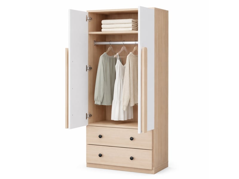  Armoire 2 portes avec 2 tiroirs et 1 grand compartiment pour chambre et dressing en bois et métal naturel et blanc  - Conforama A