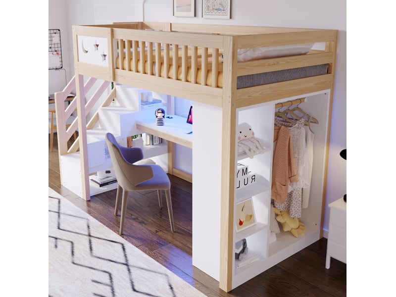  Lit mezzanine enfant 90x200 cm avec bureau, led et rangements, blanc et bois clair, sans matelas  - Conforama W