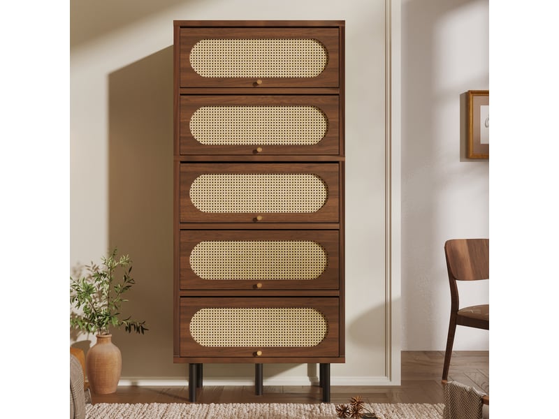  Buffet haut 80x40x163 cm avec 5 portes abattantes effet rotin, grand rangement, pieds métal noirs, finition noyer, salon cuisine et entrée  - Conforama C