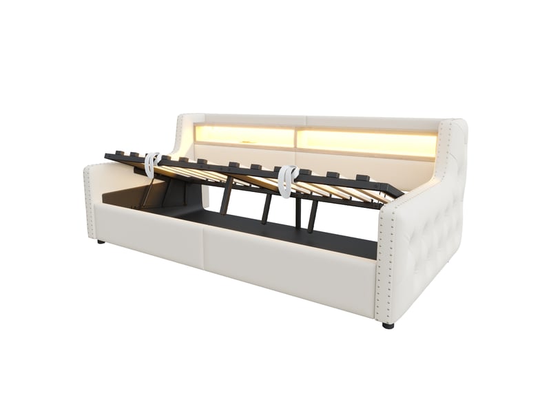  Lit coffre enfant 90x200 cm canapé-lit avec rangement et led, velours, beige, sans matelas  - Conforama D