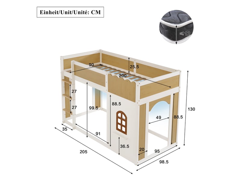  Lit mezzanine enfant 90x200 cm, bois blanc et naturel, espace de jeu sous le lit, garde-corps ondulé, fenêtre, échelle et éclairage d’ambiance intégré  - Conforama D