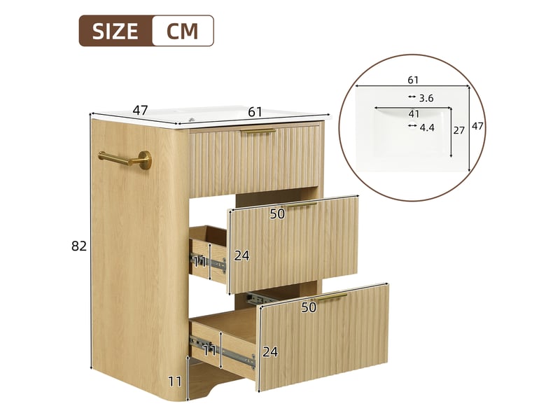 Meuble vasque 61x47x82 cm avec lavabo céramique, 2 tiroirs et porte-papier - Conforama C