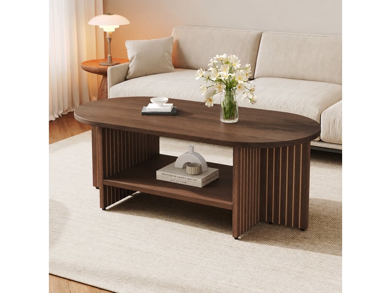  Table basse ovale en mdf avec étagère, design rainuré, 100 x 49 x 35 cm, couleur noyer  - Conforama D