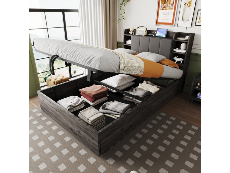  Lit en bois 140 x 200 cm avec coffre hydraulique, usb et type-c, gris, sans matelas, multifonctionnel  - Conforama D