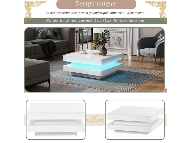  Table basse led blanche brillante 70x70x36 cm, table de salon carrée moderne, éclairage bluetooth multicolore usb  - Conforama D