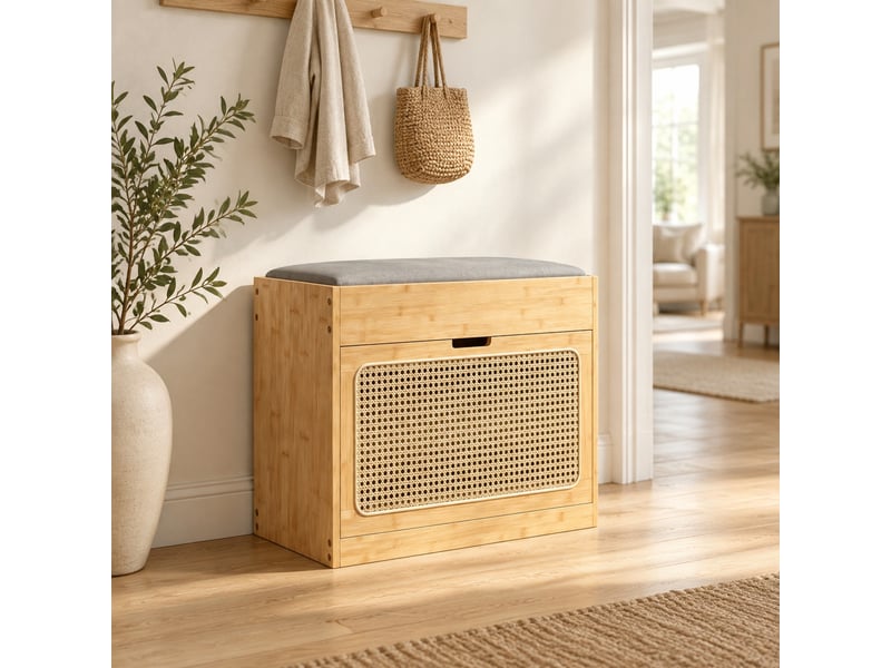  Banc de rangement à chaussures avec assise rembourrée - lpospi - étagères réglables, porte en rotin, bambou naturel  - Conforama C