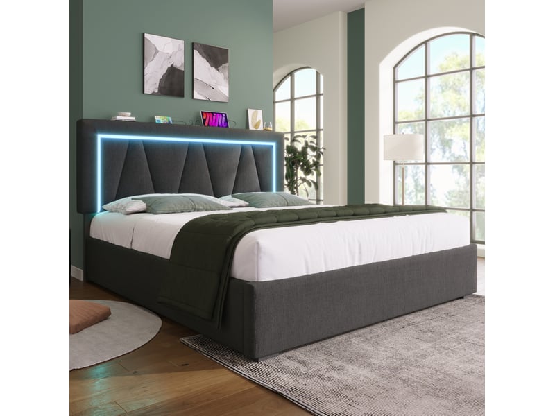  Lit double coffre 160 x 200 cm gris avec matelas, led, usb et type-c  - Conforama B