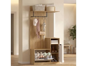 Meuble d'entrée 6 en 1, vestiaire d'entrée avec banc à chaussures rabattable, miroir, 80x36x168cm, chêne