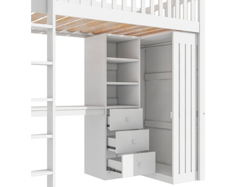  Lit mezzanine 90 x 200 cm avec bureau, armoire et 3 tiroirs, en pin et mdf blanc pour chambre enfant  - Conforama W
