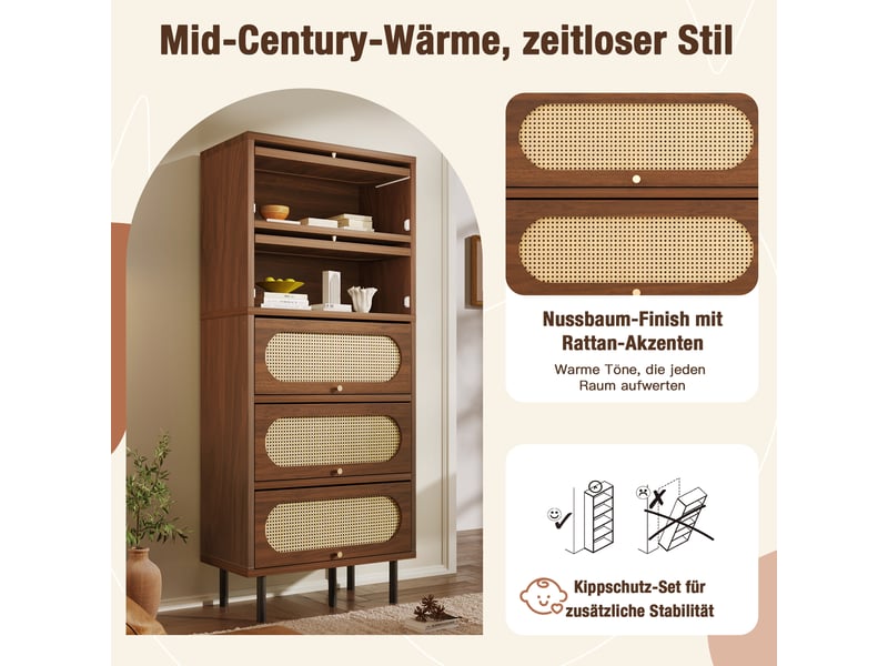  Armoire haute en noyer et rotin 163cm, buffet haut pour salon et couloir. Sans matelas.  - Conforama D